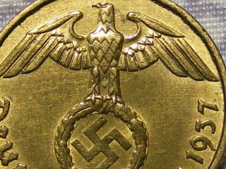 1937 Rare Old Wwii Nazi Hitler Germany 3rd Reich Brass Berlin 5 Pfennig War Coin photo