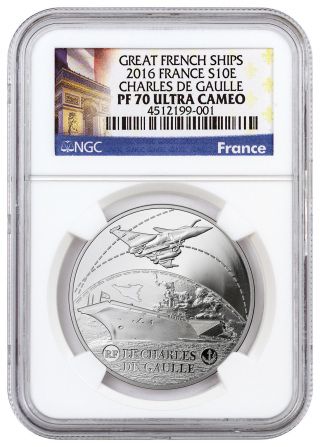 2016 France 10e Silver Great French Ships Charles De Gaulle Ngc Pf70 Uc Sku43704 photo