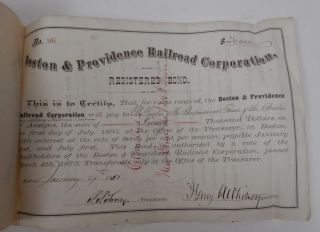 1881 Boston & Providence Railroad Registered Bond 1892 Letter Boston Albany Rr photo