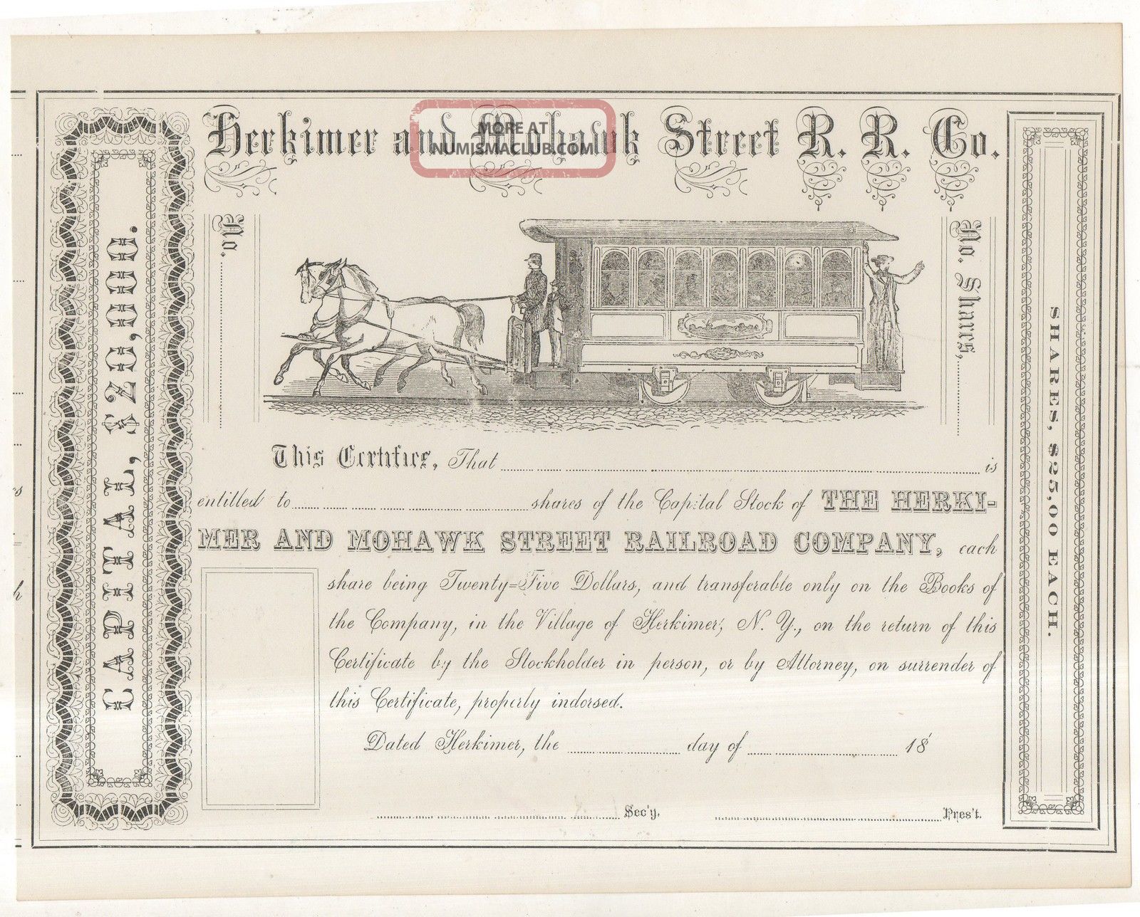 Herkimer & Mohawk Street Railroad Company Horse Car Railroad Stock Certificate 2 Transportation photo
