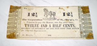 1840s Scrip Note Obsolete Currency 12 1/2 Cents Corp.  Of St.  Mary ' S,  Ga. photo