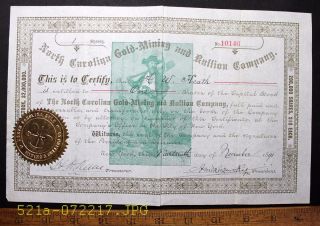 C.  1891 North Carolina Gold Mining And Bullion Company Stock Certificate No 10146 photo