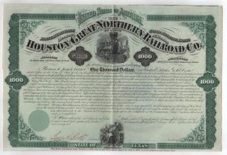 1872 Houston And Great Northern Railroad Company Bond photo