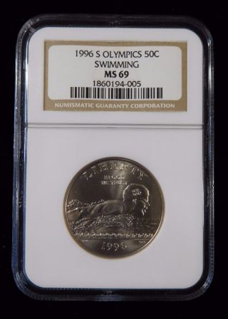 1996 - S Ngc Ms69 Olympics Swimming 50c Commemorative Silver Half Dollar photo