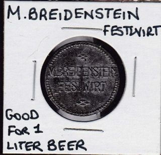 Vintage M.  Breidenstein German 1 Liter Beer Token photo