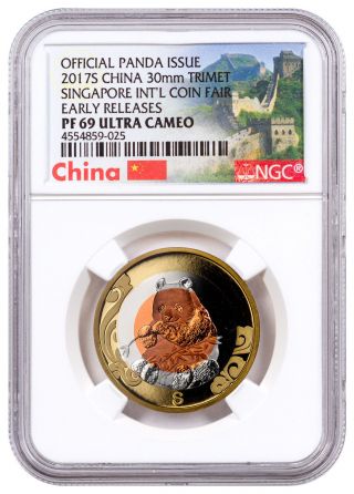 2017 - S China Singapore Intl Coin Fair Tri - Metal Panda Ngc Pf69 Uc Er Sku47421 photo