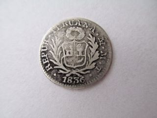 Peru Lima 1/2 Real 1836 M T 1.  3 Grams 903 Silver 16mm Diameter photo