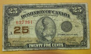 1923 Dominion Of Canada 25 Cent Bank Note Shinplaster Circulated Fractional 7 photo