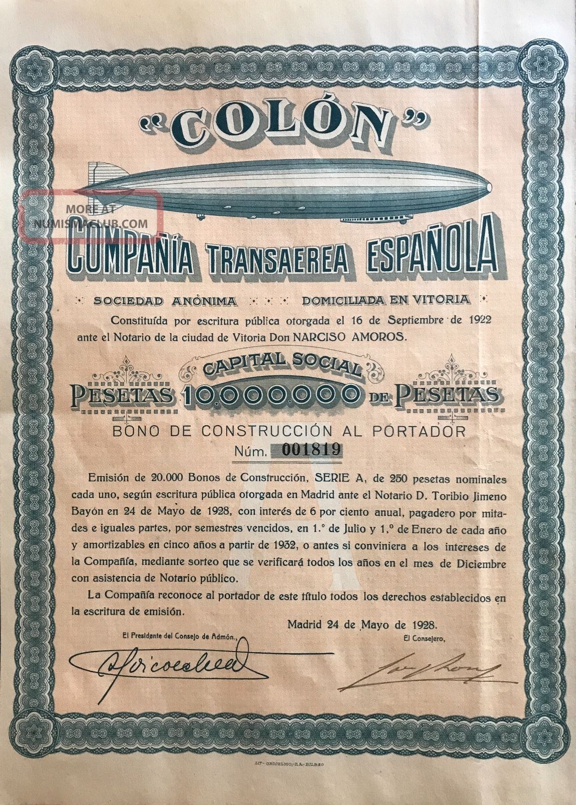 1928 Spain Spanish Zeppelin Airship Company Stock Certificate Construction Bond Transportation photo