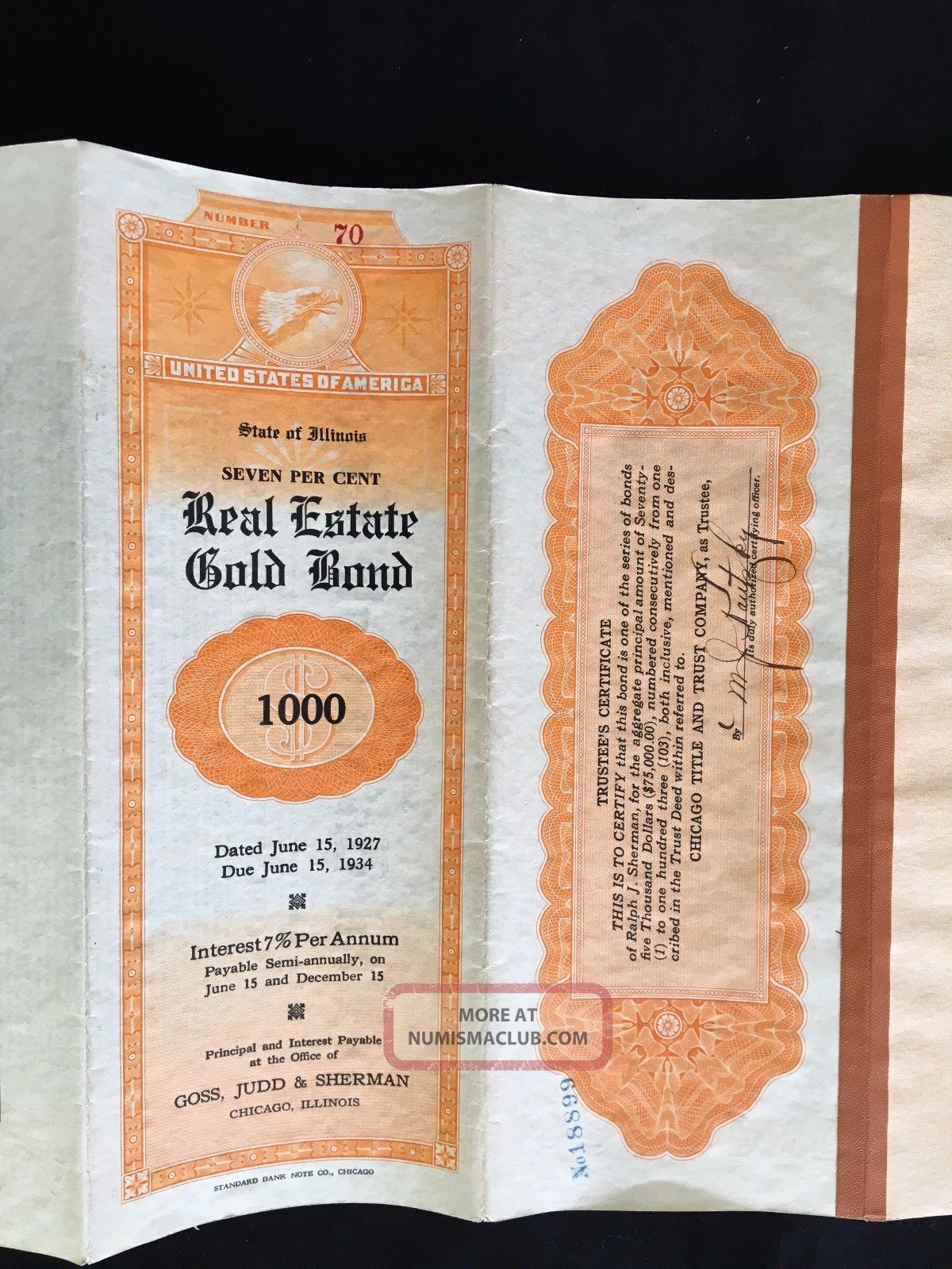 Vintage 7 Real Estate Gold Bond $1000 Demonination State Of Illinios World photo