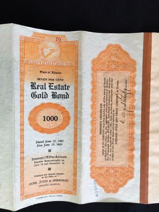 Vintage 7 Real Estate Gold Bond $1000 Demonination State Of Illinios photo