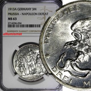 German States Prussia 1913 A 3 Mark Ngc Ms63 Defeat Of Napoleon Km 534 photo