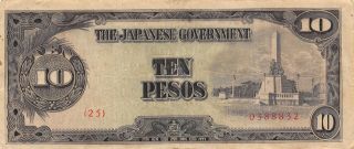 Philippines 10 Pesos Nd.  1943 Block {25} Wwii Issue Circulated Banknote photo