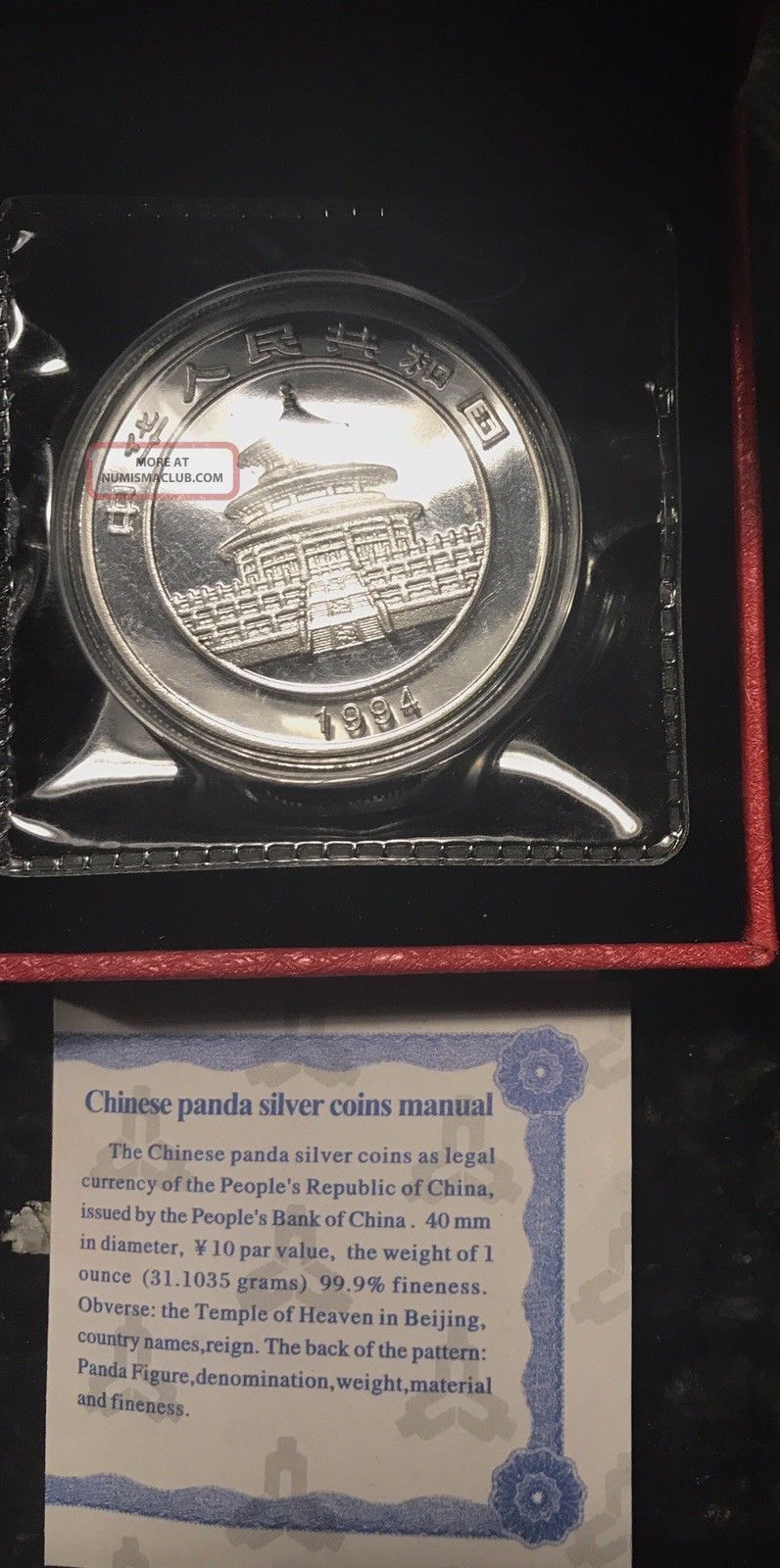 1994 China Prc 10 Yuan Panda Silver Bu Brilliant Uncirculated 1 Oz Coin.  Co China photo