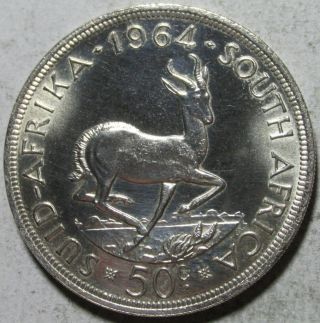 South Africa,  50 Cents,  1964,  Proof,  Hairlines,  Springbok.  4546 Oz Silver photo