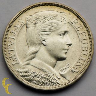 1929 Latvia 5 Lati Silver Coin In Au Km 9 photo