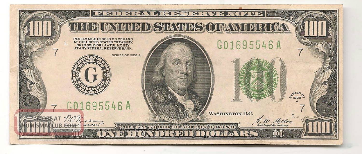 1928 - A $100 Chicago Federal Reserve Note Green Seal Small Size Notes photo