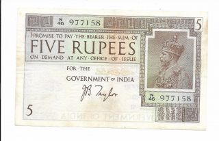 India,  Government Of India - 5 Rupees,  Nd (1917 - 30).  Taylor.  Ef.  Rare. photo