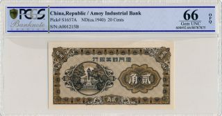Amoy Industrial Bank China 20 Cents Nd (1940) Low No.  001215 Pcgs 66opq photo
