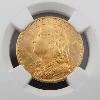 1915 B Switzerland 20 Francs Ngc Ms - 63 Authentic Collectible Coin 3353222 - 002 photo