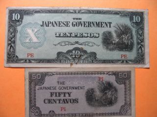 2 Japanese Goverment Currency Bills - 10 Pesos & Fifty Centavos Take A Look photo