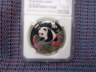 1999 China Panda 10 Yuan 1oz Silver Colorized Ncs / Ngc Pf69uc photo
