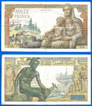 France 1000 Francs 1942 Demeter Serie X Great Bill Europe Frc Frcs Wld photo