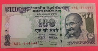 India 100 Rupees Subbharao 2012 Fancy Serial Number 8sl 444444 Unc Note photo
