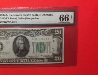 1934 A - Federal Reserve Note $20 Graded By Pmg Gem Unc 66 Epq. photo