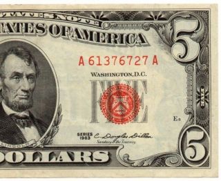 1963 $5 Legal Tender Note - Red Seal - About Uncirculated - Fr 1536 - 829 photo