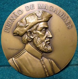 Explorer Ferdinand Magellan / World Map,  Caravel 89mm Bronze Medal By C.  Antunes photo