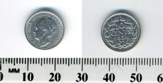 Netherlands 1938 - 10 Cents Silver Coin - Queen Wilhelmina I - 1 photo