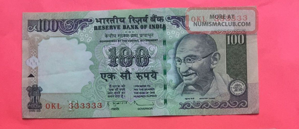 India 100 Rs Subbharao 2010 Fancy Serial Number 0kl 333333 Aunc Note Asia photo