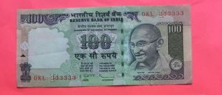 India 100 Rs Subbharao 2010 Fancy Serial Number 0kl 333333 Aunc Note photo