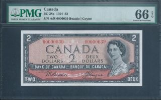 Canada,  Bank Of Canada $2 1954 Bc - 38a Low No.  39 Pmg 66 Epq Gem Unicirculated photo