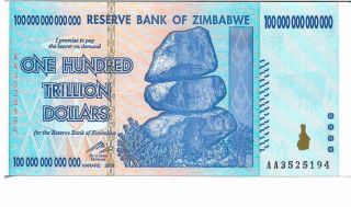 Zimbabwe 100 Trillion Dollars,  Aa /2008,  Unc 100 Trillion Series photo