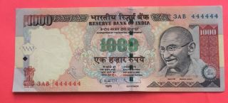 India 1000 Rs Subbharao 2009 Fancy Serial Number 6ah 444444 Aunc To Note photo