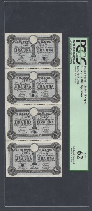 Italy,  Banco Di Napoli 4 Uncut Sheet One Lira 1 - 5 - 1872 Pick Unlisted Specimen Unc photo