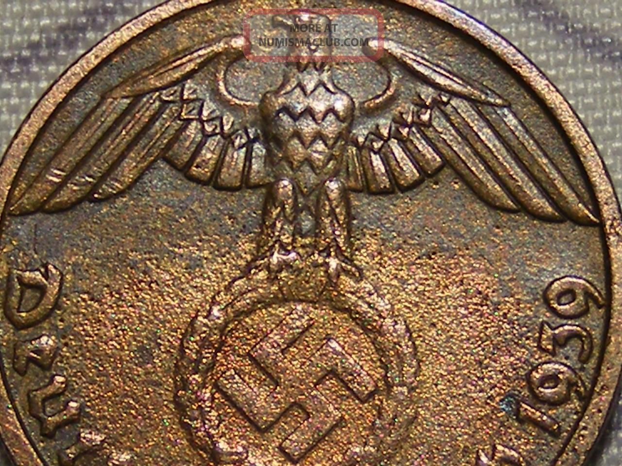 1939 Wwii Nazi Hitler Germany 3rd Reich Munich 1 Reichspfennig Copper War Coin Germany photo