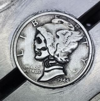 90 Silver Dime Hobo Nickel Coin Art Skull 33 photo