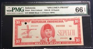 Republik Indonesia 1948 Essay Banknote Specimen 10 Rupiah Pmg Gem Unc 66 Epq Sbn photo