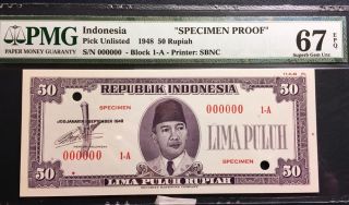Republik Indonesia 1948 Essay Specimen Note 50 Rupiah Pmg Gem Unc 67 Epq photo