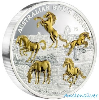 2017 5 Oz Australia Stock Horse - Pure Silver Proof Gilded Coin - In Ogp photo