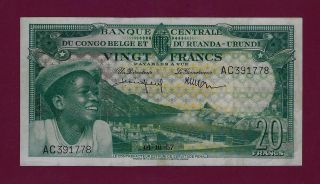 Belgian Congo 20 Francs 1957 P - 31 Xf Rare Belgium Zaire Ruanda Burundi photo