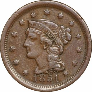1851 Braided Hair Large Cent,  Glossy Chocolate Brown Planchet,  Vf To Xf photo