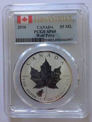 2016 Wolf Privy Canadian Silver Maple Leaf Reverse Proof Coin Pcgs Sp69 Fs photo