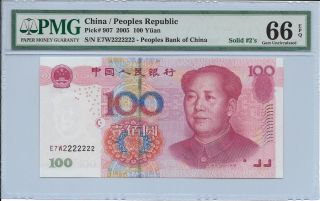 People ' S Republic Of China - 100 Yuan,  2005.  Solid / Lucky No.  2222222 Pmg 66epq photo