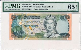 Central Bank Bahamas 1/2 Dollar 2001 Pmg 65epq photo