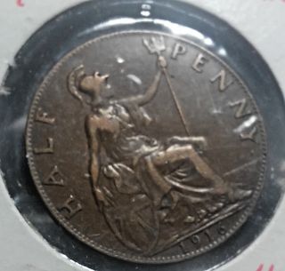Uk (great Britain) 1916 1/2 Penny Bronze,  Ruler: George V photo