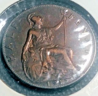 Uk (great Britain) 1917 1/2 Penny Bronze,  Ruler: George V photo